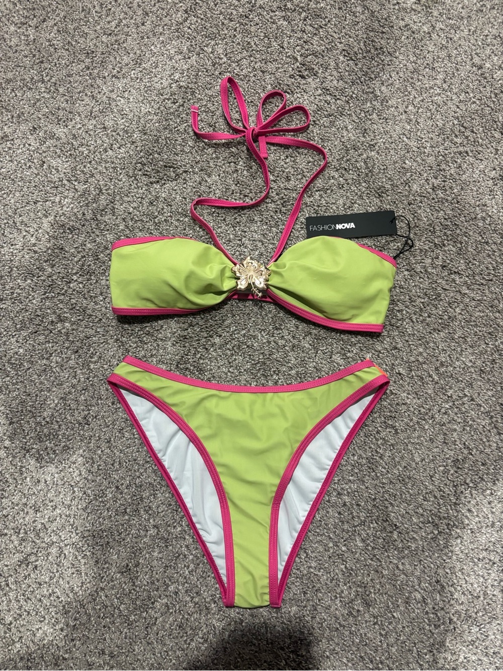 NWT Fashion Nova Lime & Hot Pink Bandeau Bikini Set with Center Embellishment